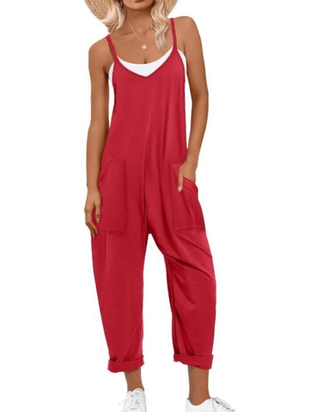 Zenana L/XL Casual Spaghetti Strap Jumpsuit in Red